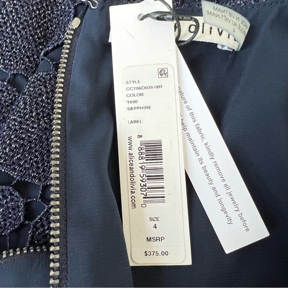 ALICE + OLIVIA Clyde Sapphire Glitter Lace A-Line Sleeveless Mini Dress Sz 4 NWT - Picture 13 of 16